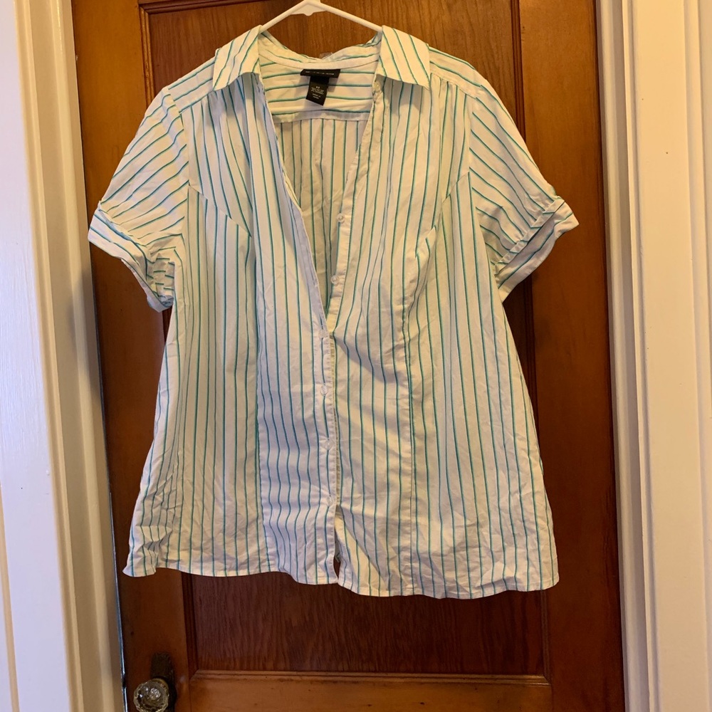 Lane Bryant white/turquoise/mint green button down